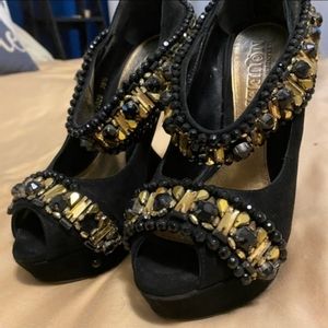 ALEXANDER MCQUEEN black suede gold jewel